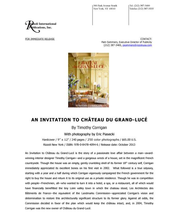 An Invitation to Chateau du Grand-Luce Press Release