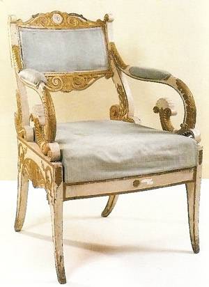 Russian armchair in carved, painted and gilded wood with lateral uprights in one piece, Timothy Corrigan