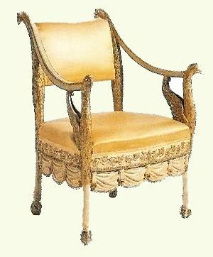 A Russian armchair in carved, painted and gilded wood, c. 1800, charactersitic of this transitional period, Timothy Corrigan