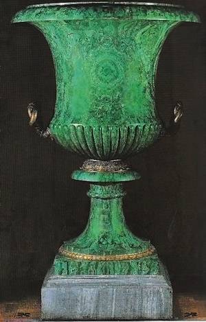 A large malachite vase with bronze mounts, c. 1850, Timothy Corrigan